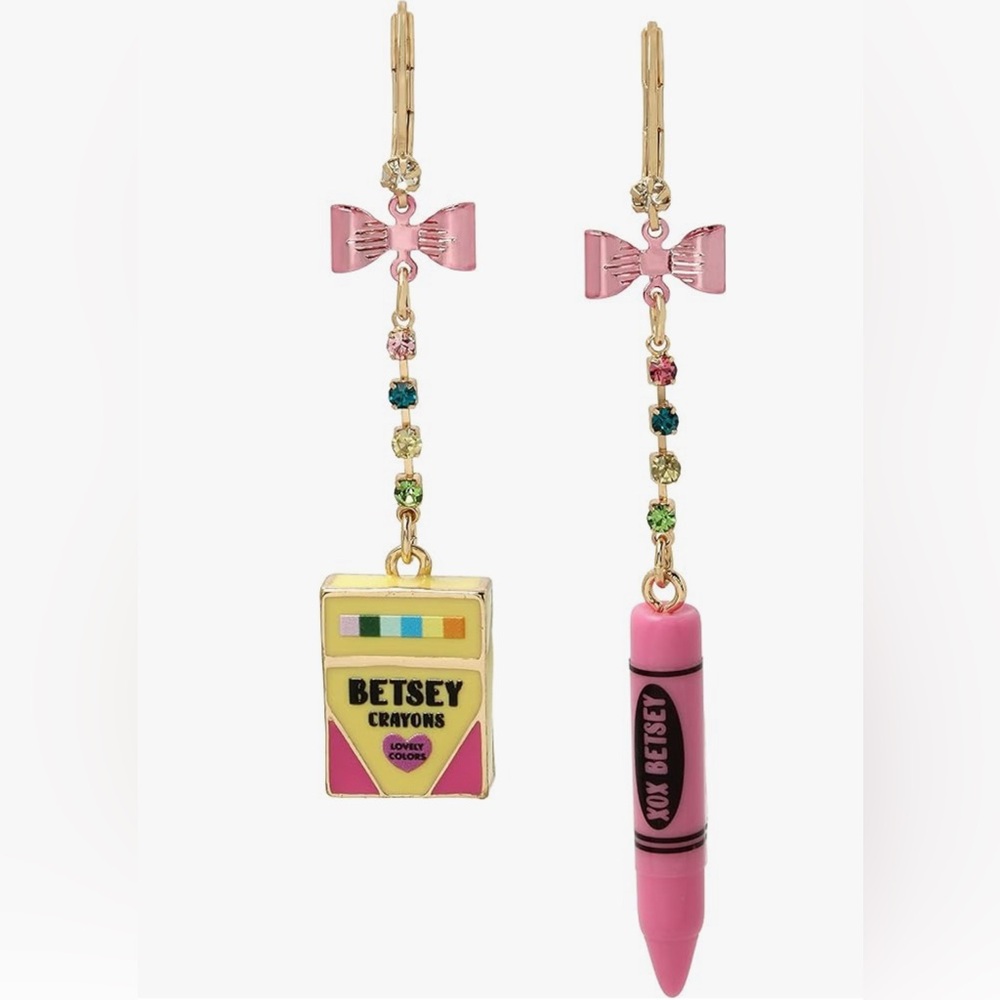 Betsy Johnson mismatch drop Back To School pink crayon box  clasp earrings